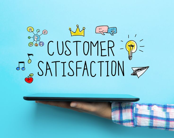 customer satisfaction concept with a tablet on blue background